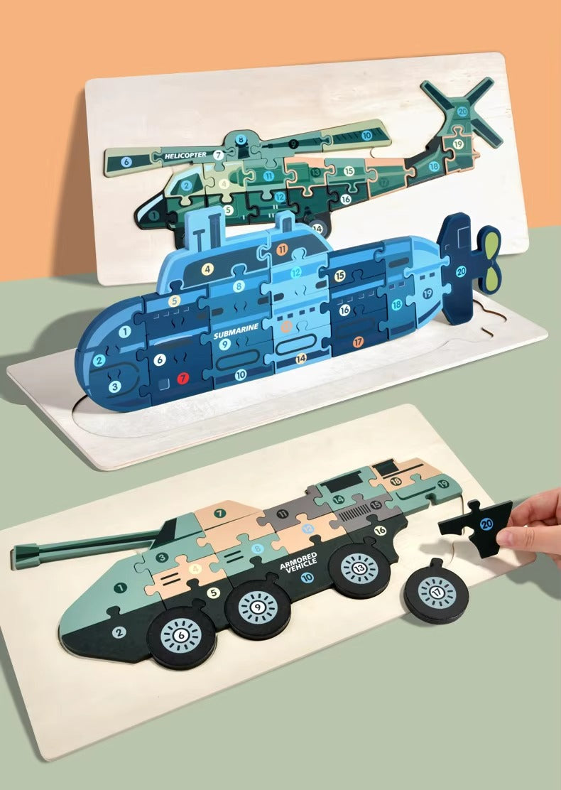 CPC CE 3D Wooden Puzzles – Montessori Military Vehicle Theme, Educational Toy for 2-4 Year Olds