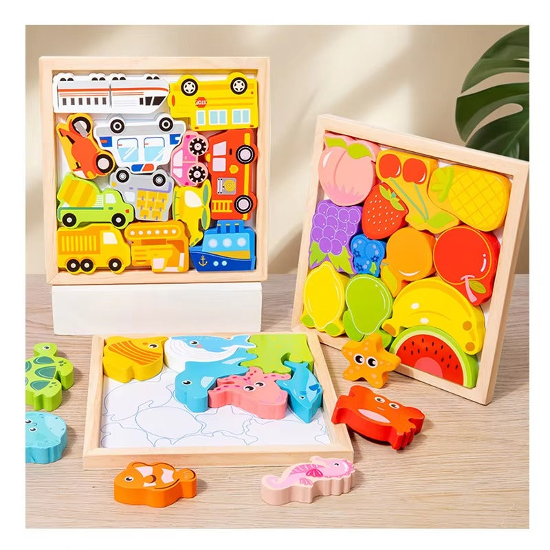 Cartoon Animal 3D Wooden Puzzles – Educational Toy for 2-4 Year Olds