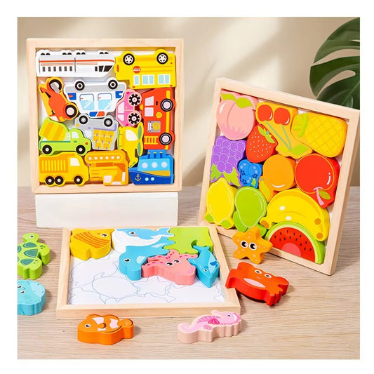 Cartoon Animal 3D Wooden Puzzles – Educational Toy for 2-4 Year Olds