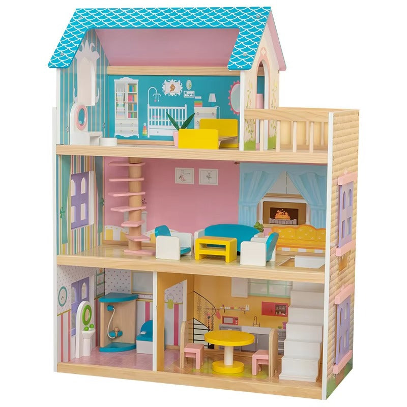 Children's Wooden Doll House Villa Set – Role Play, Educational Pretend Gift for Kids
