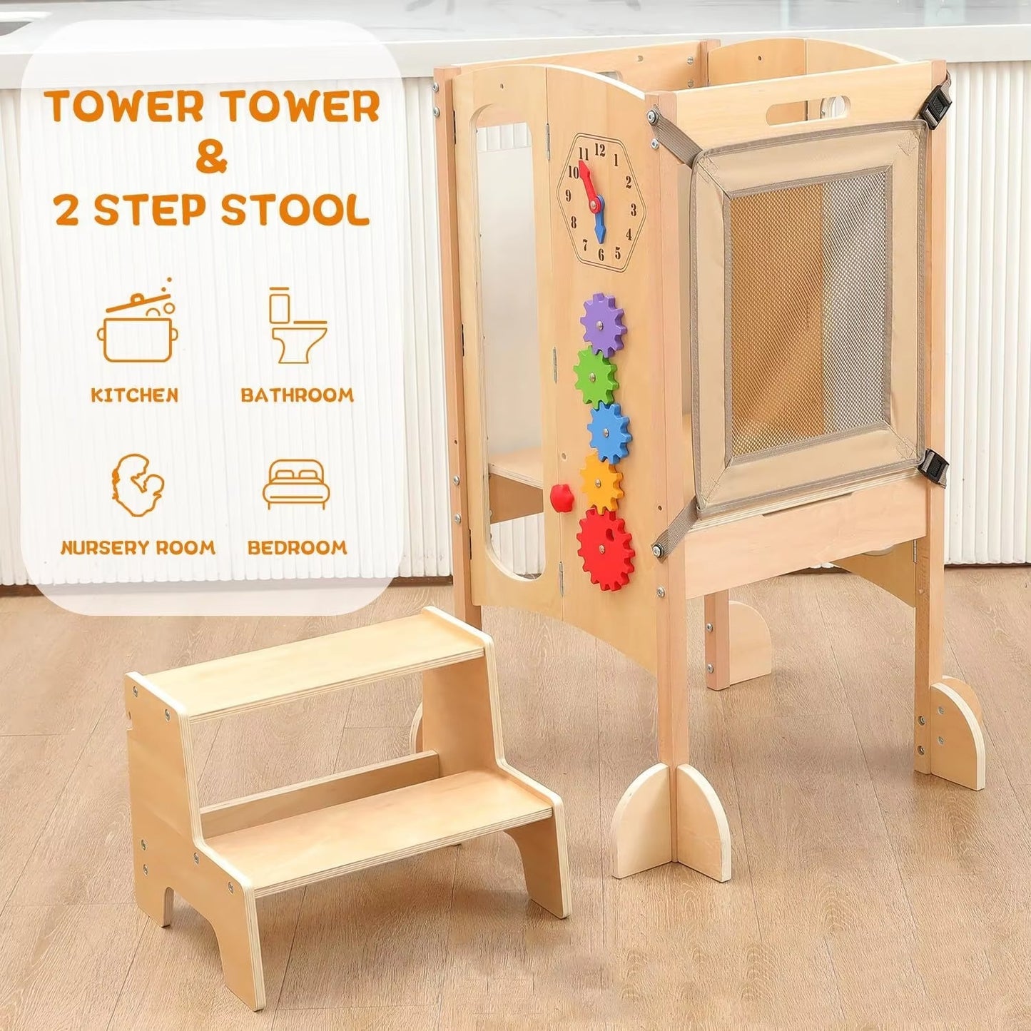 Wooden Foldable Toddler Kitchen Stool Helper – 2-Step with Safety Net, Montessori Learning Tower Toy
