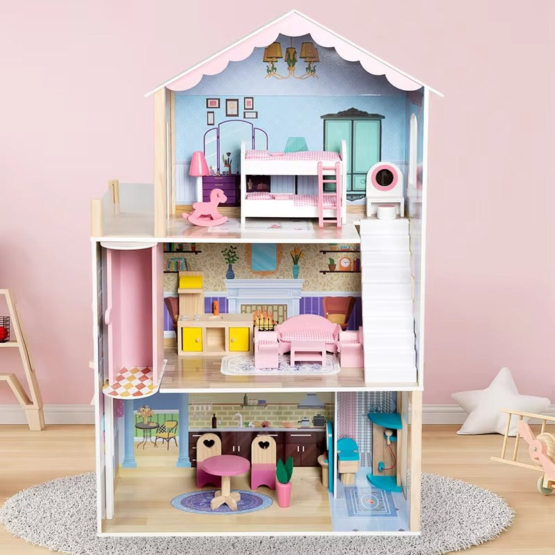 New Pink Wooden Villa Doll House Set – Educational Gift for Kids
