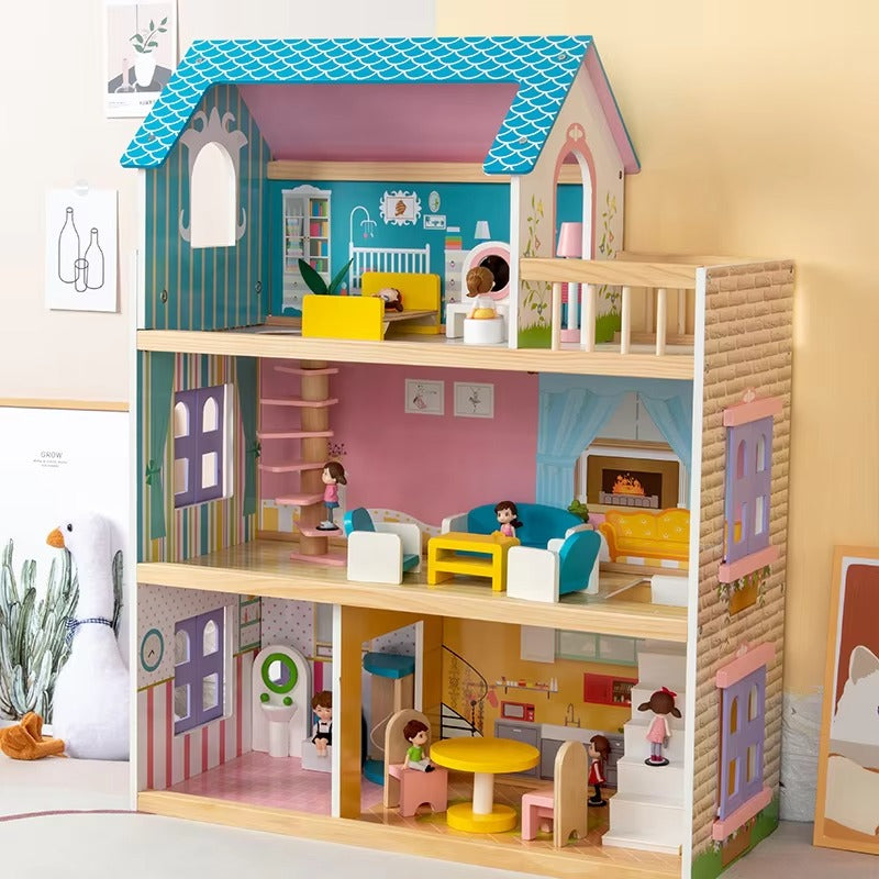 Children's Wooden Doll House Villa Set – Role Play, Educational Pretend Gift for Kids