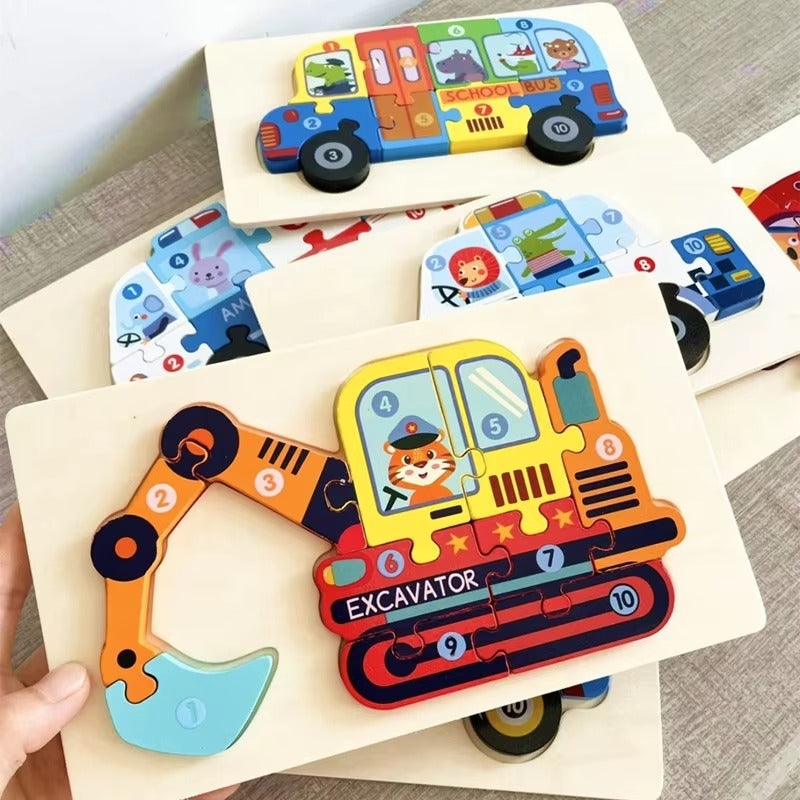 Montessori Wooden Traffic Vehicle 3D Puzzles – Educational Toy for Toddlers, Christmas Gift