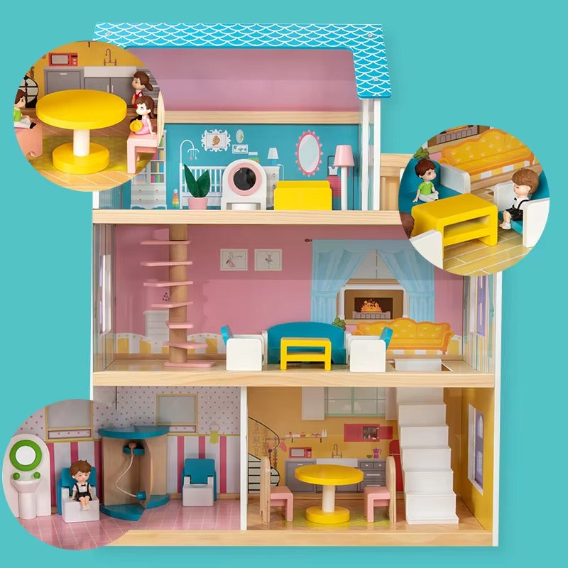 Children's Wooden Doll House Villa Set – Role Play, Educational Pretend Gift for Kids