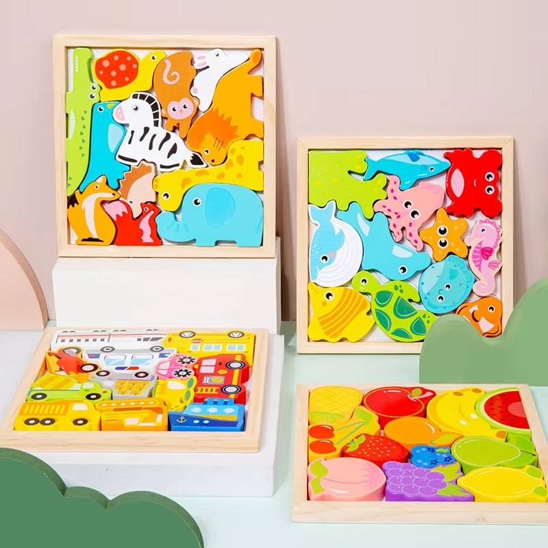 Cartoon Animal 3D Wooden Puzzles – Educational Toy for 2-4 Year Olds
