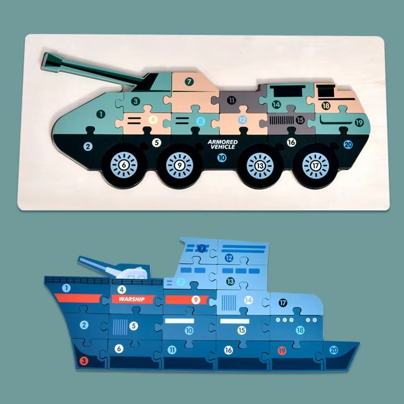 CPC CE 3D Wooden Puzzles – Montessori Military Vehicle Theme, Educational Toy for 2-4 Year Olds