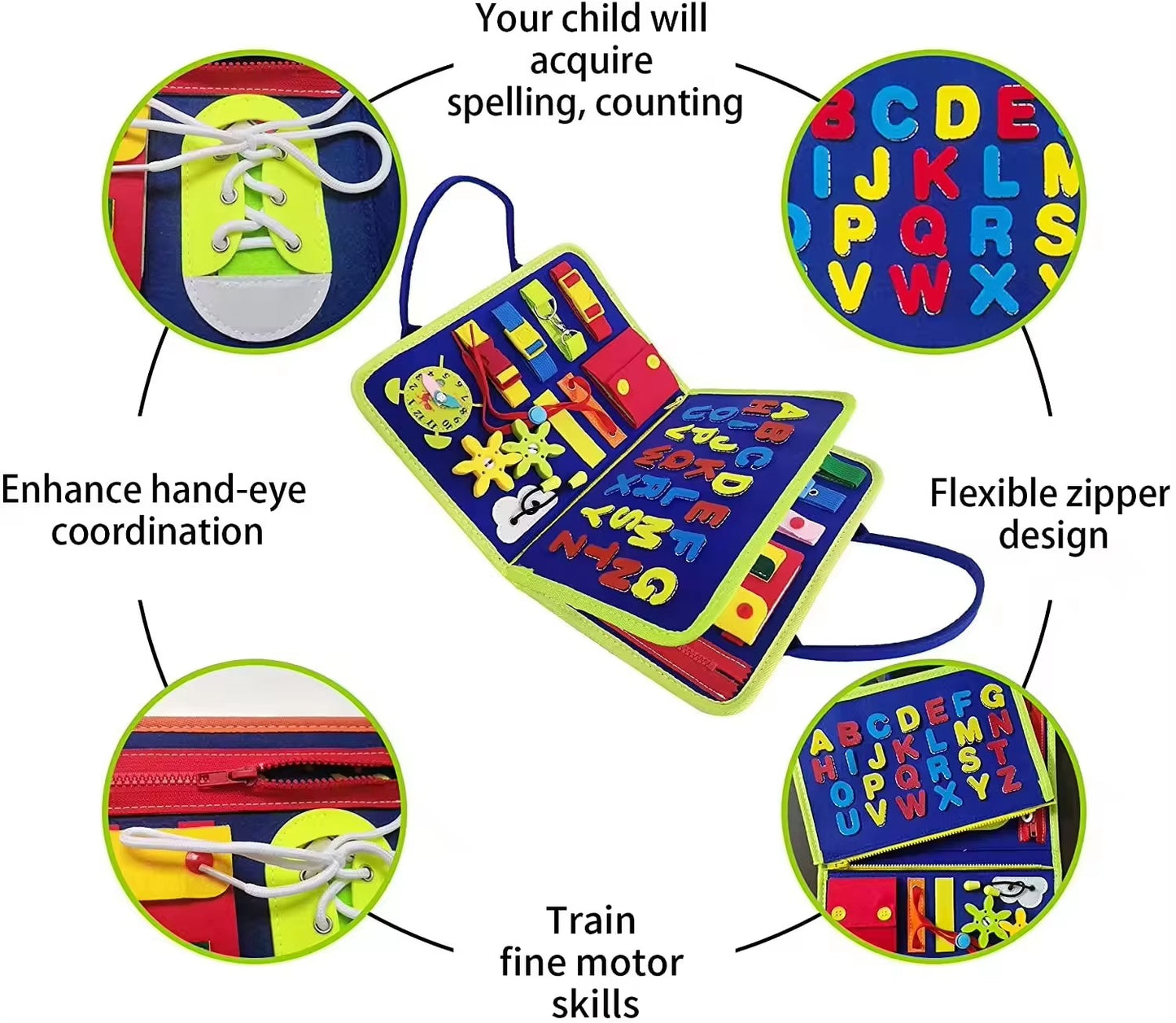 Montessori Baby Busy Board – Felt Fidget Book, Sensory Motor Skill Toy for Toddlers