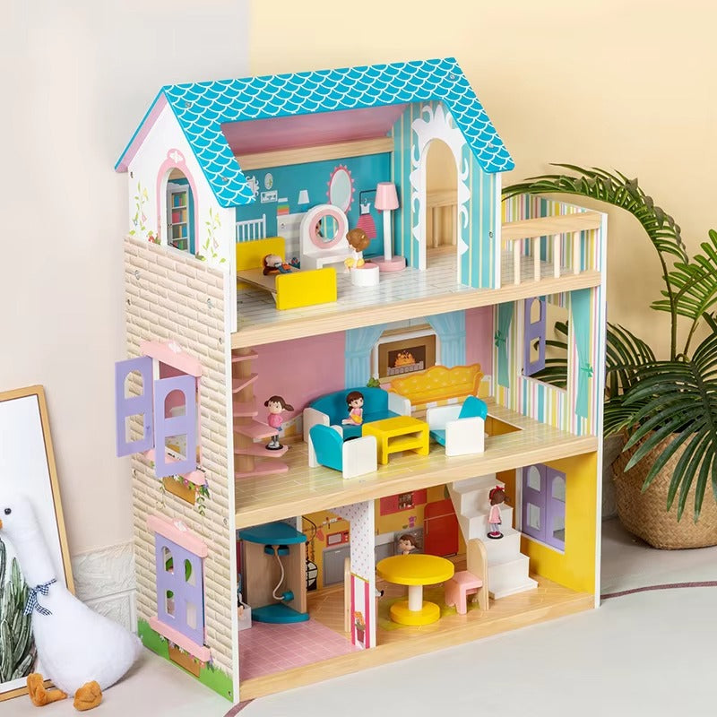 Children's Wooden Doll House Villa Set – Role Play, Educational Pretend Gift for Kids