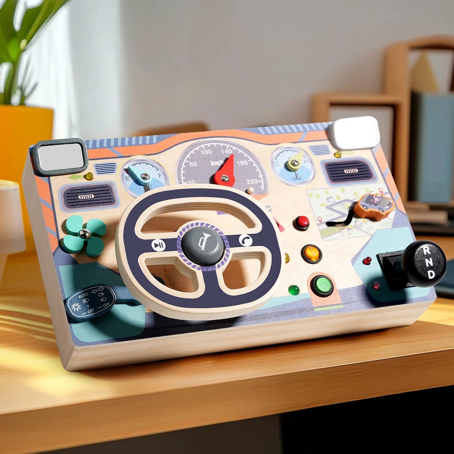 Montessori Wooden Steering Wheel Busy Board – Sensory Educational Toy for Kids