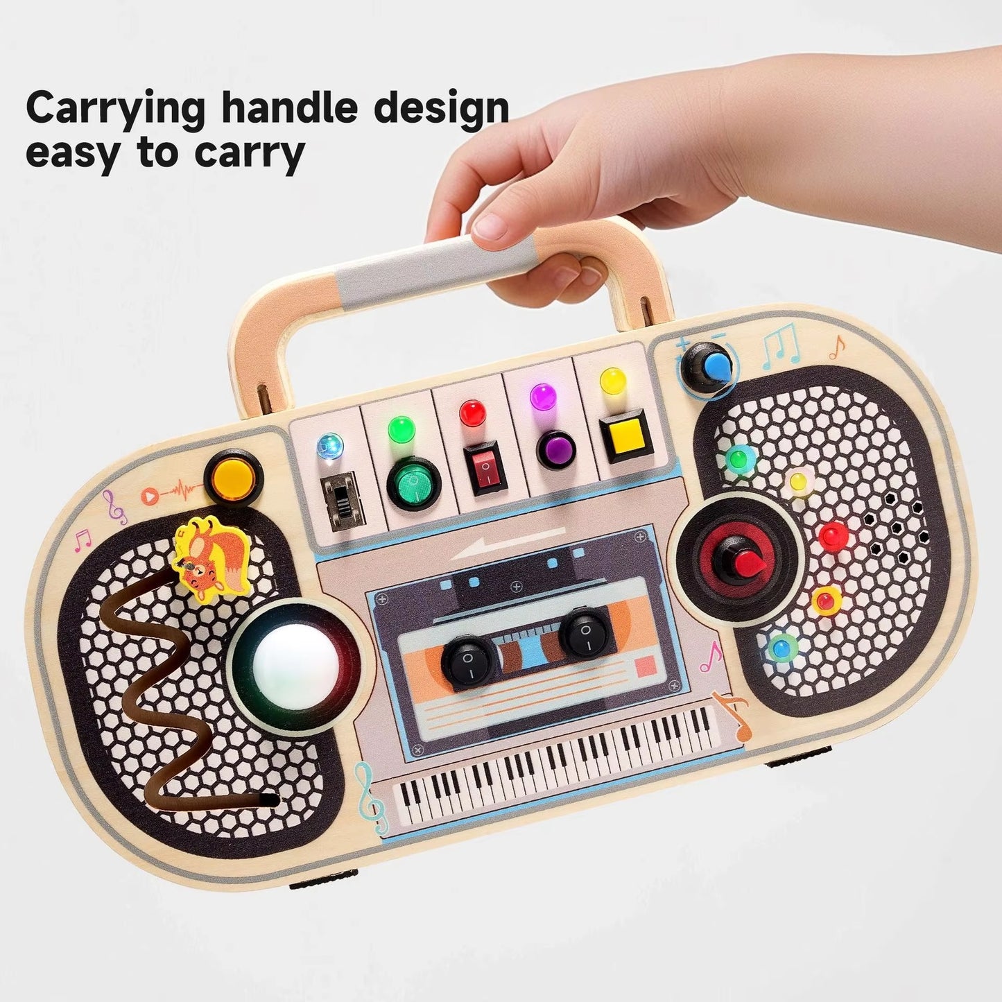 Baby Wooden Sensory Recorder Busy Board – 5 LED Switches, Pretend Play Toy for 1+ Year Olds