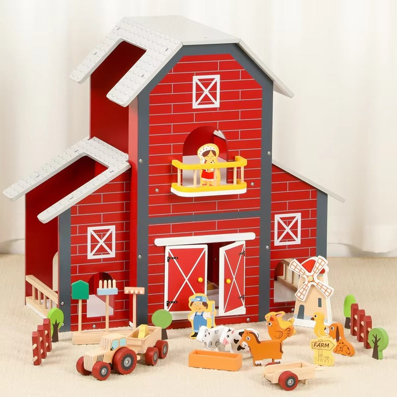 Wooden DIY Farm Doll House Set – Kids' Educational Pretend Toy
