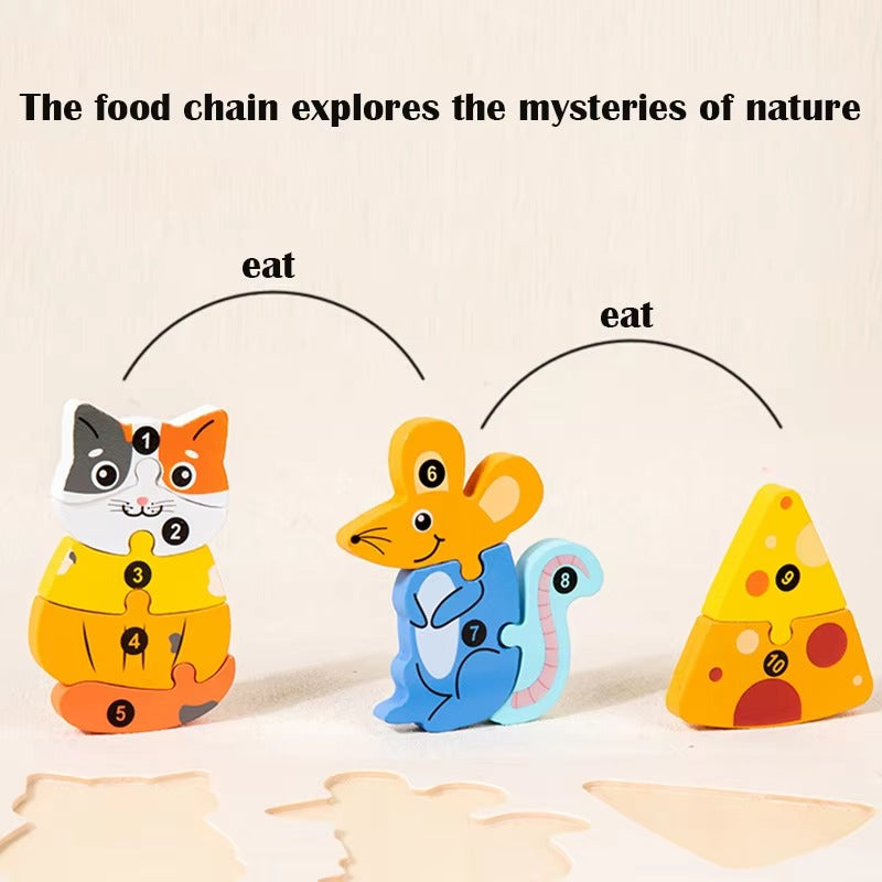Montessori Wooden Food Chain Animal Puzzles – Educational Toy for Toddlers 1-3, Birthday Gift