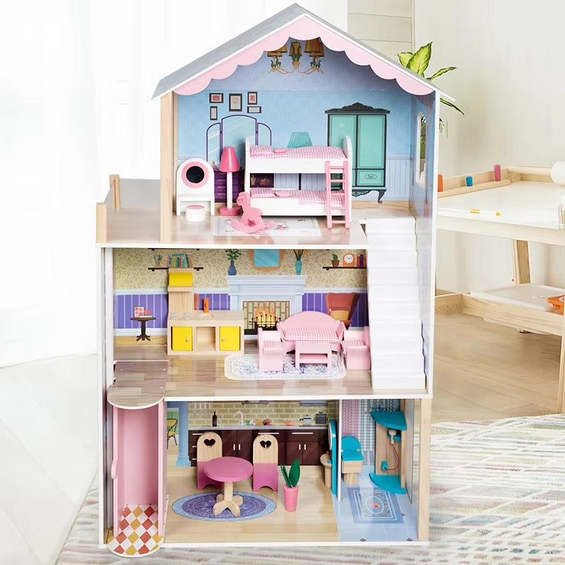 New Pink Wooden Villa Doll House Set – Educational Gift for Kids