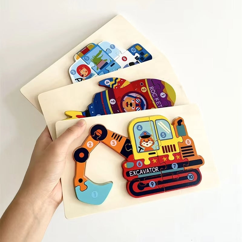 Montessori Wooden Traffic Vehicle 3D Puzzles – Educational Toy for Toddlers, Christmas Gift