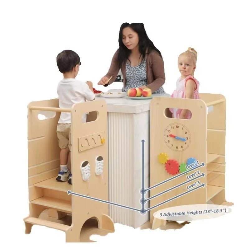 Wooden Foldable Toddler Kitchen Stool Helper – 2-Step with Safety Net, Montessori Learning Tower Toy