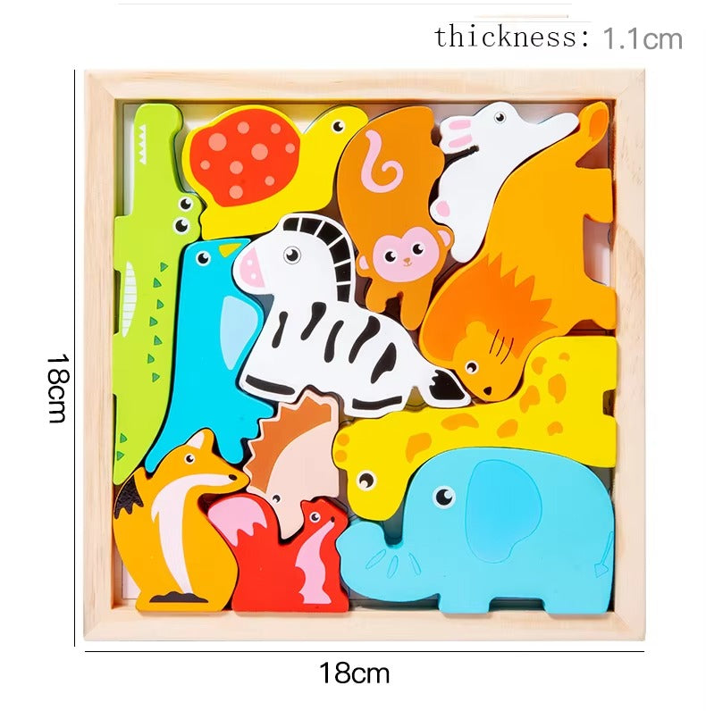 Cartoon Animal 3D Wooden Puzzles – Educational Toy for 2-4 Year Olds