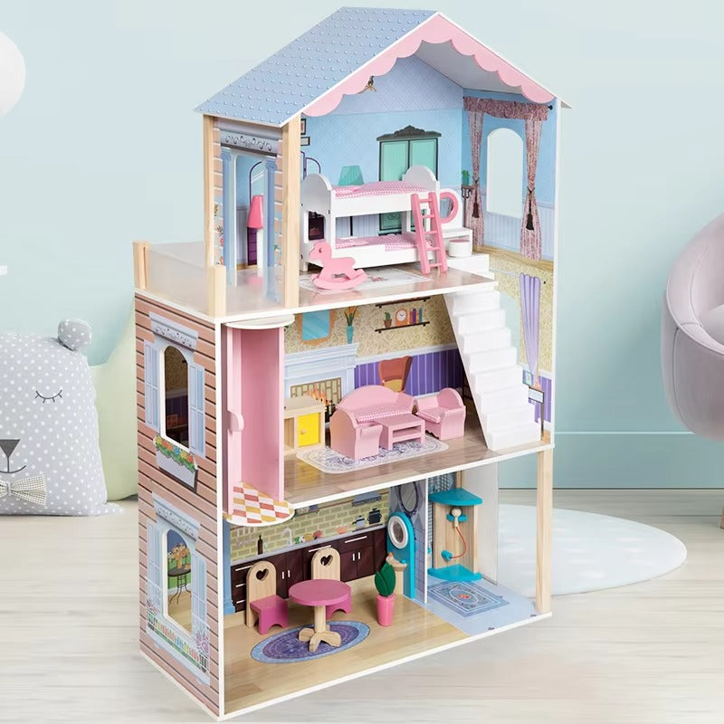 New Pink Wooden Villa Doll House Set – Educational Gift for Kids