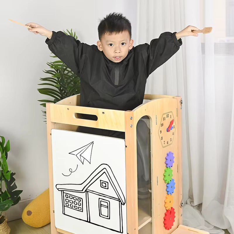 Wooden Foldable Toddler Kitchen Stool Helper – 2-Step with Safety Net, Montessori Learning Tower Toy