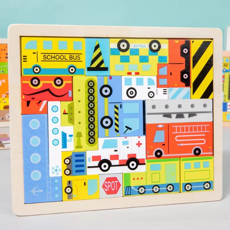 Unisex Wooden Traffic & Animal 3D Puzzle – Shape Matching Educational Toy for Toddlers