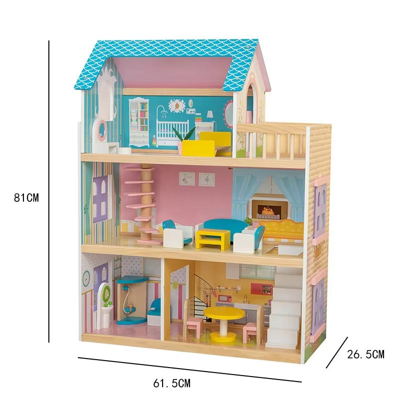 Children's Wooden Doll House Villa Set – Role Play, Educational Pretend Gift for Kids