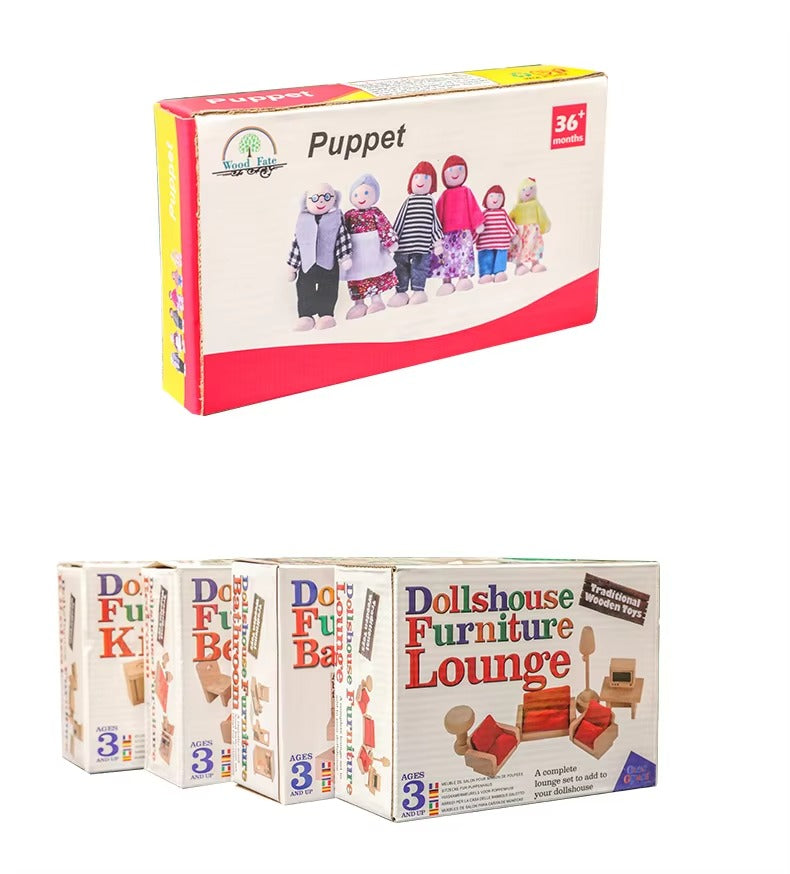 Custom Wooden Doll House Accessories – Family Figures, Peg Games, Educational Toy for Kids