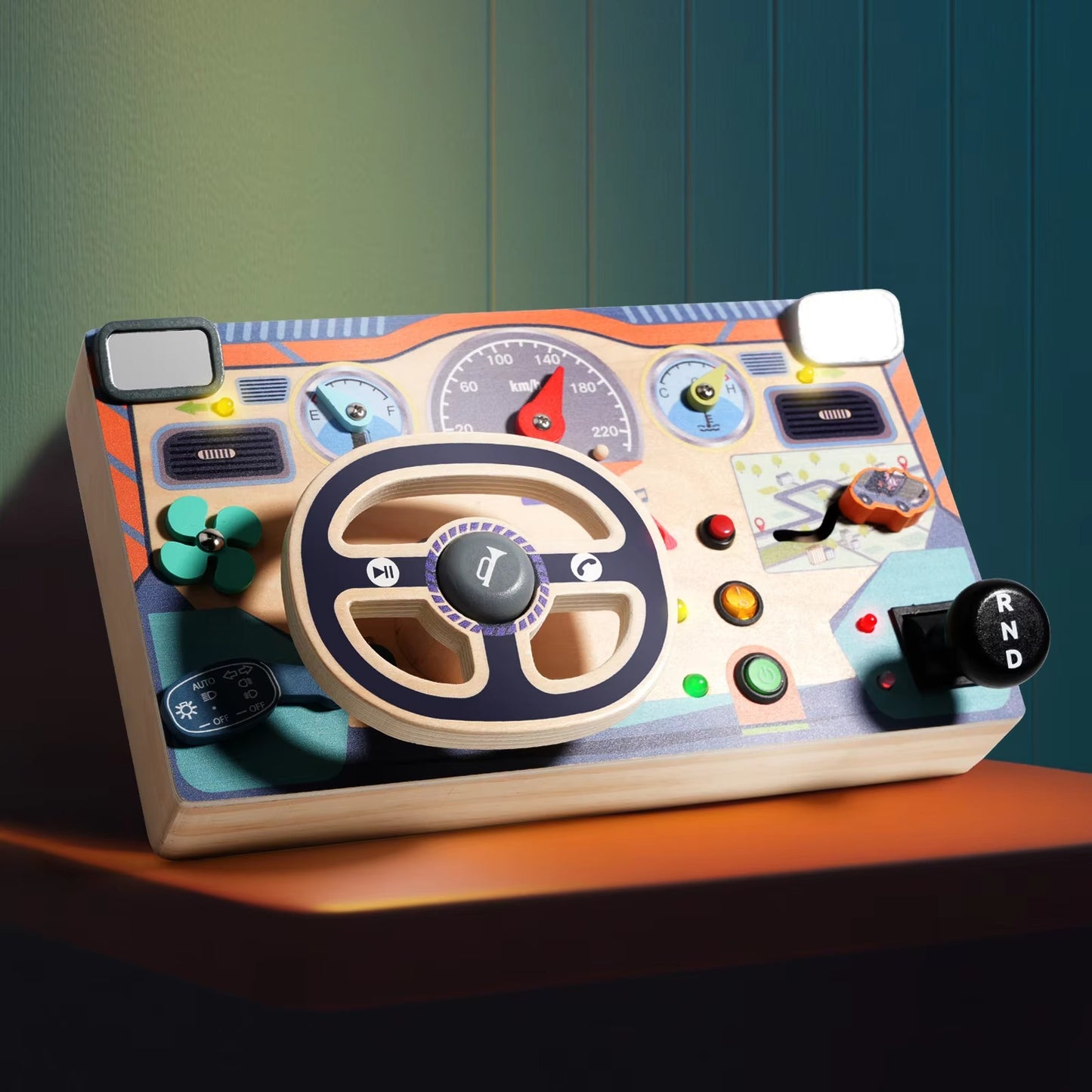 Montessori Wooden Steering Wheel Busy Board – Sensory Educational Toy for Kids