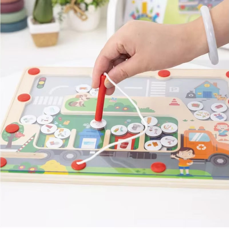 Custom Baby Wooden Garbage Sorting Maze – Beads, Early Educational Interactive Toy for Kids